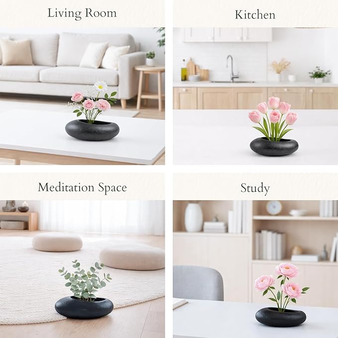 Japanese Flower Frog Vase Set – Minimalist Black Ceramic Flower Vase with Flower Frog, Modern Flower Arrangement Pot for Living Room Decor & Art Supplies, Gift Box for Flower Lover