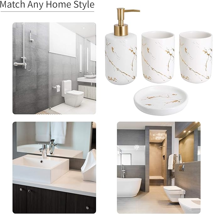 White Marble Ceramic Bathroom Set (4-Piece) - Elegant Soap Dish, Gold Pump Dispenser & Tumblers for Vanity, Sink & Bathroom Decor