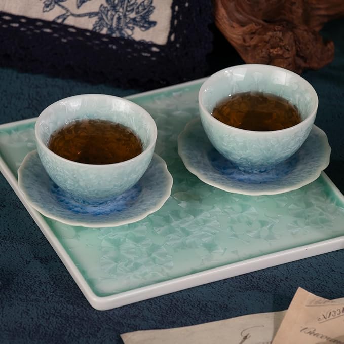 KAMMAK Tea Set for Adults Porcelain Tea Pot and Tea Cups Set, Blue and Green Gradient Japanese Ceramic Tea Cups and Saucers Set, Chinese Gong Fu Tea Set (2 Saucer+ 2 Cups +1 Tea Pot + 1 Square Plate)