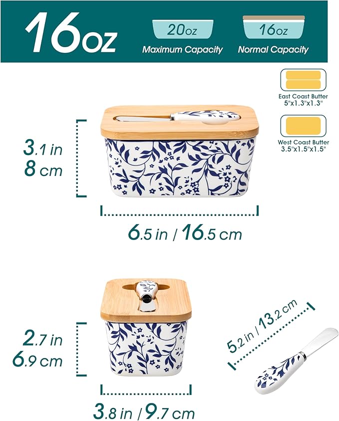 vancasso SELENE Butter Dish with Lid, 6.5" Large Butter Dish for Countertop, Ceramic Butter Keeper Container with Knife and Bamboo Lid, Delicate Floral Pattern