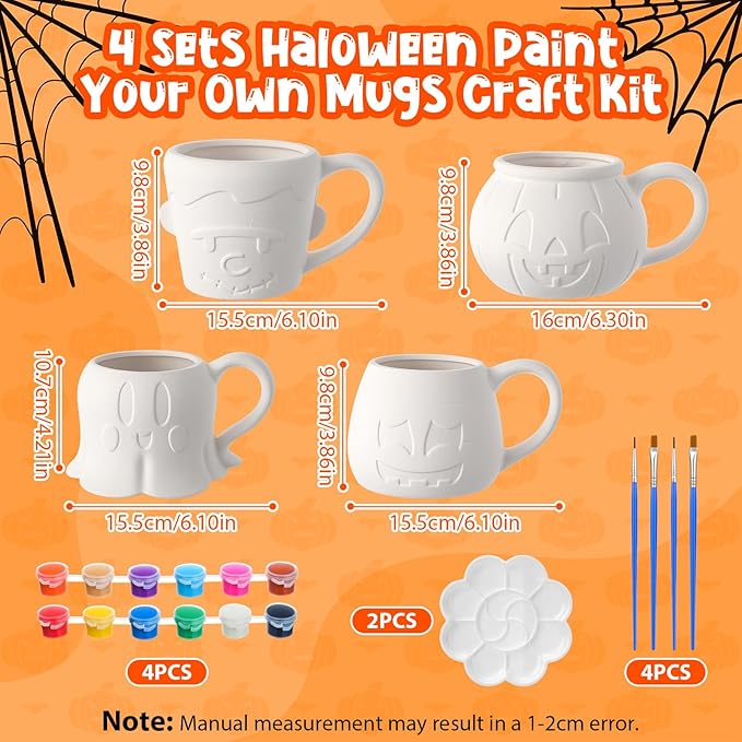 Zubebe 4 Sets Halloween Paint Your Own Mugs Craft Kit, Halloween Ceramic to Paint, Bat Face Green Monster Ghost Jack-o'-Lantern Pumpkin DIY Mugs, Festive Coffee Tea Cup with Paints, Brushes & Palette