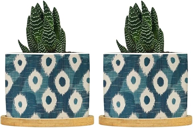 Blue and Ikat Bukhara Ceramic Planters Antique Ikat in Teal Planters for Indoor Plants with Drainage Holes and Saucers Pot for Home Office Desk Garden