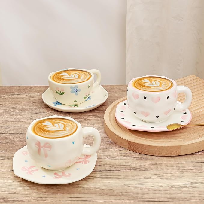 Koythin Ceramic Coffee Mug with Saucer Set, Cute Pink Big Bow Cup Unique for Office and Home, 10 oz/300 ml for Latte Tea Milk