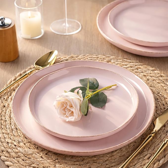 AmorArc Ceramic Dinnerware Sets for 4, 12 Pieces Handpainted Plates and Bowls Set with Rustic Terracotta Underside, Scratch Resistant Stoneware Dishes Set, Dishwasher & Microwave Safe