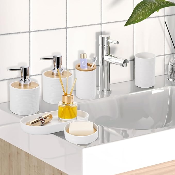 White Bathroom Set, White Bathroom Accessories Set with Trash Can, 2PCS Soap Dispensers, Soap Dish, Toothbrush Holder, Toothbrush Cup,Toilet Brush, Tray and Qtip Holders for Bathroom Decor