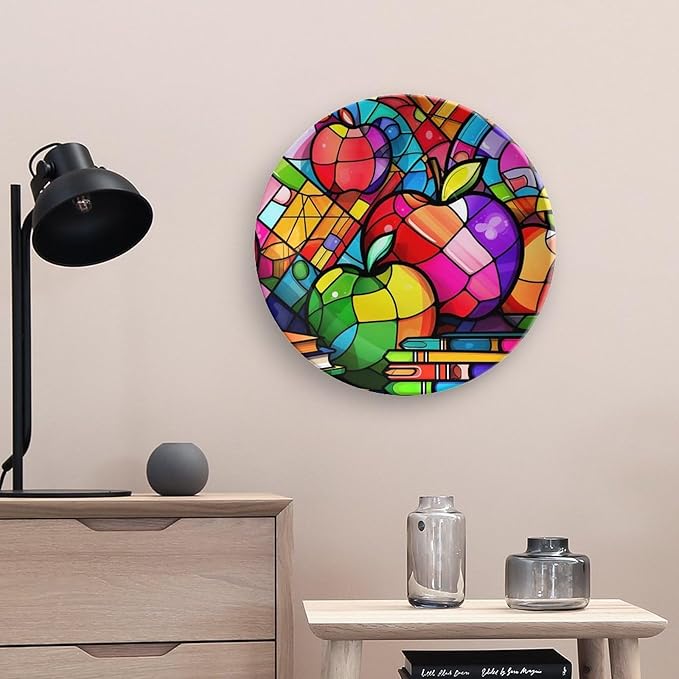 Decorative Plates, Colorful Books & Apples Stained Glass Painting Ceramic Dinner Plate w/Display Stand, Wall Hanging Decor for Kitchen Household 10 Inch, Gifts for Teacher Or Student