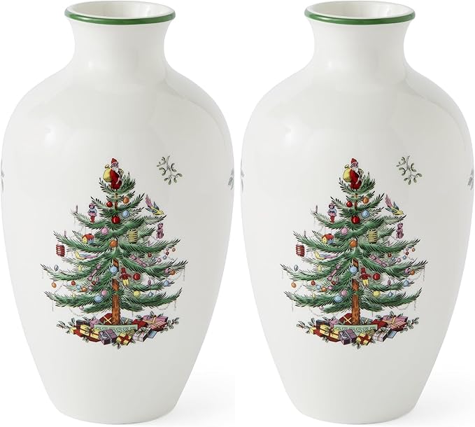 Spode Christmas Tree 10" Posy Vase - Elegant Ceramic Flower Vase, Holiday Centerpiece for Floral Arrangements & Home Decor - Beautiful Handcrafted Accent for Festive Decorations (Pack of 2)