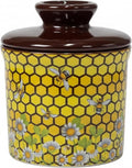 Pottery Butter Keeper Crock - Ceramic Butter Dish with Water Line for Countertop, Keep Butter Fresh-Honey Bee Design