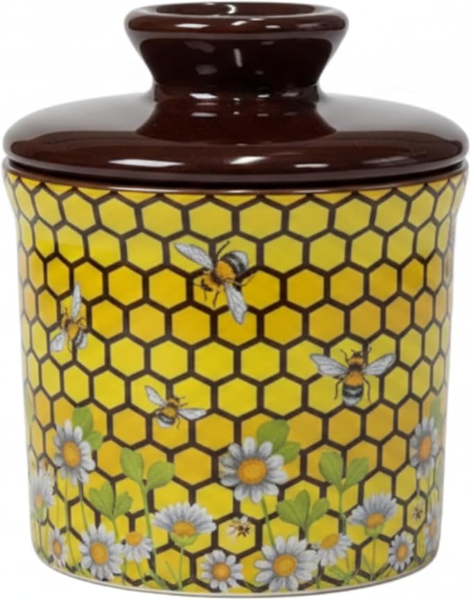 Pottery Butter Keeper Crock - Ceramic Butter Dish with Water Line for Countertop, Keep Butter Fresh-Honey Bee Design