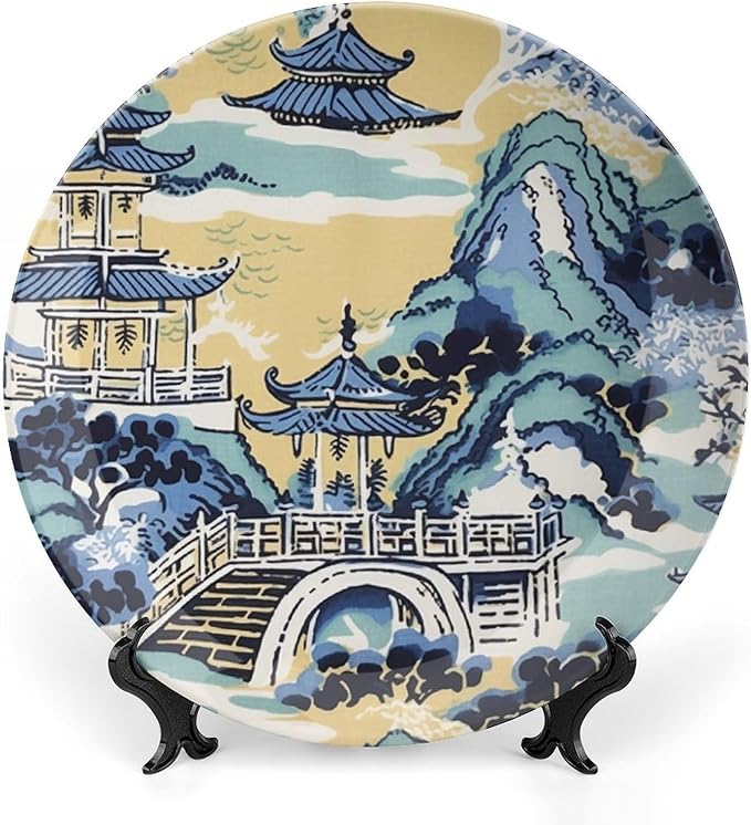 Blue And White Chinoiserie Pagoda Ming Toile Asian Decorative Plate for Display Art Decoration Household Supplies Kitchen Wall Holiday Party Decorations Customize Gifts for Men Women Christmas