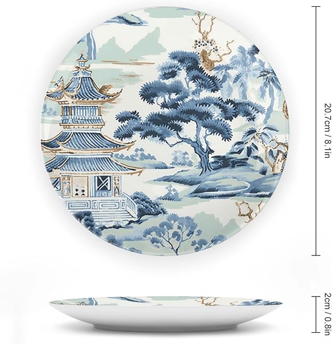 Blue And White Chinoiserie Pagoda Ming Toile Asian Decorative Plate, Custom Hand-Painted Ceramic Decorative Plates for Wedding Club Decor, Unique Art with Stand Art Decor for Wall Household