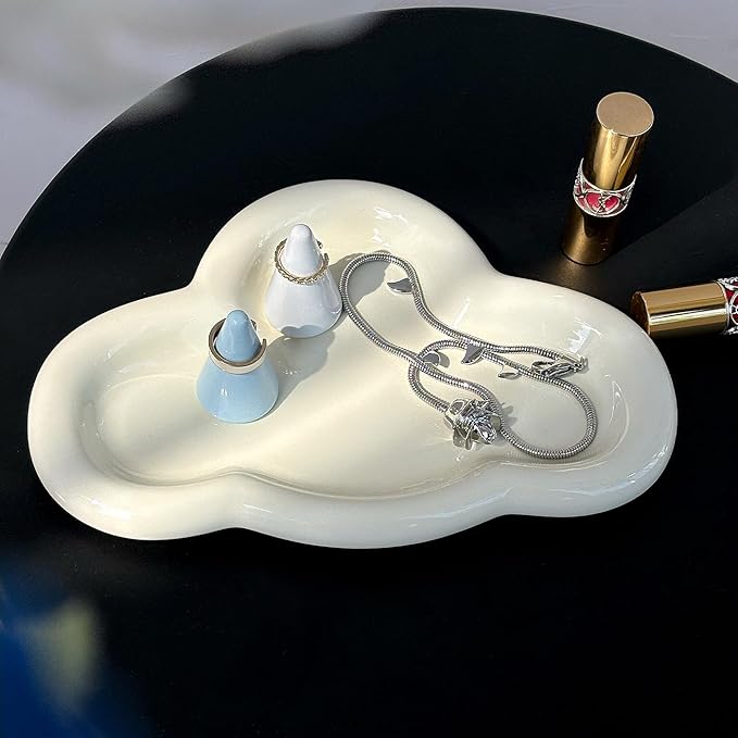 Jewelry Dish Trinket Tray for Women, Ring Dish Holder, Unique Cloud Shape Ceramic Plate Cute Things Vanity Aesthetic Room Decor Mother's Day Birthday (Crème)