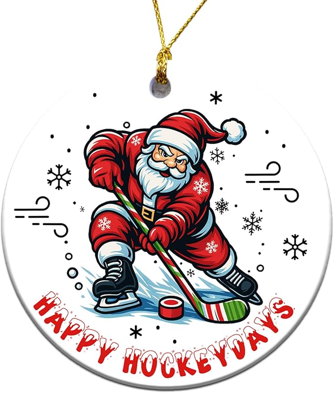Ice Hockey Christmas Ornament -Round Ceramic 3", Holiday Tree Decoration Keepsake, Hockey Player Christmas Gifts for Boys Girls
