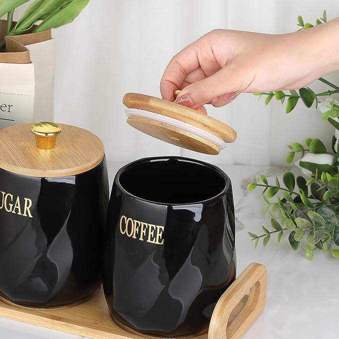 JUXYES Set of 3 Ceramic Canisters Set for Sugar Coffee Tea With Handle Tray, Luxurious Storage Containers Sets with Lids Decorative Storage Pots Black Ceramic Storage Jar for Kitchen Dining Room