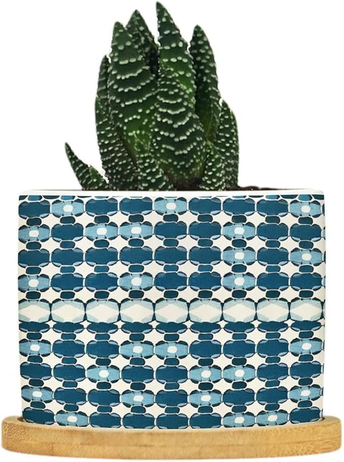 DreamAutumn Navy Blue Geometric Pattern Ceramic Pots for Plants with Drainage Holes Round Flower Pot Bamboo Tray Orchid Pot Succulents Pots for Outdoor Indoor Plants,Housewarming Gifts