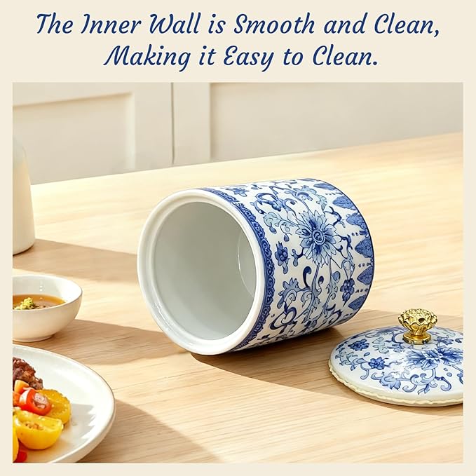 Vintage Blue and White Salt Cellar with Lid - Airtight Ceramic Spice Jar, Kitchen Countertop Storage Container for Salt, Pepper & Seasonings