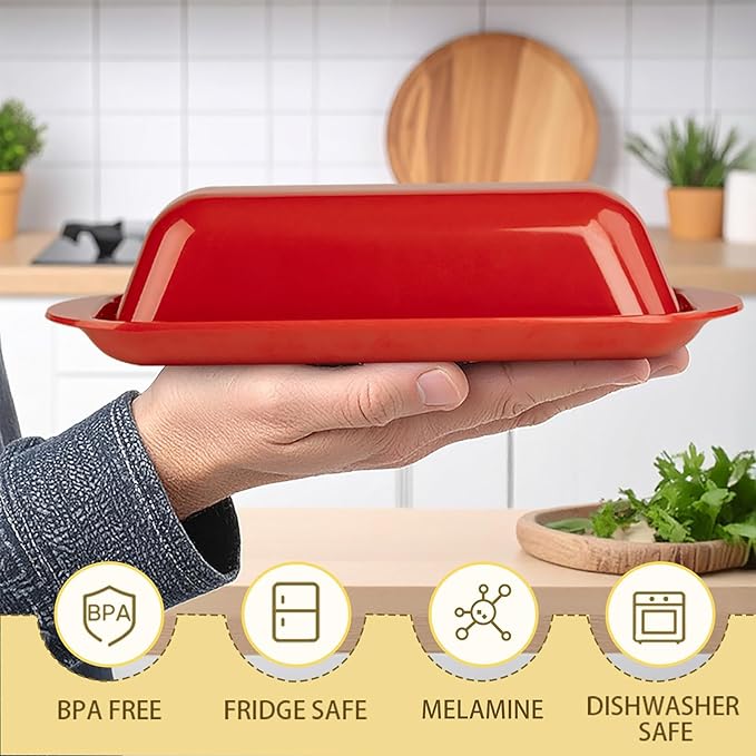 BPA-Free Melamine Butter Dish with Lid & Stainless Steel Knife - Farmhouse Butter Keeper for Countertop & Refrigerator, Dishwasher Safe, Holds 1 Stick with East & West Coast Butter-Red Heart