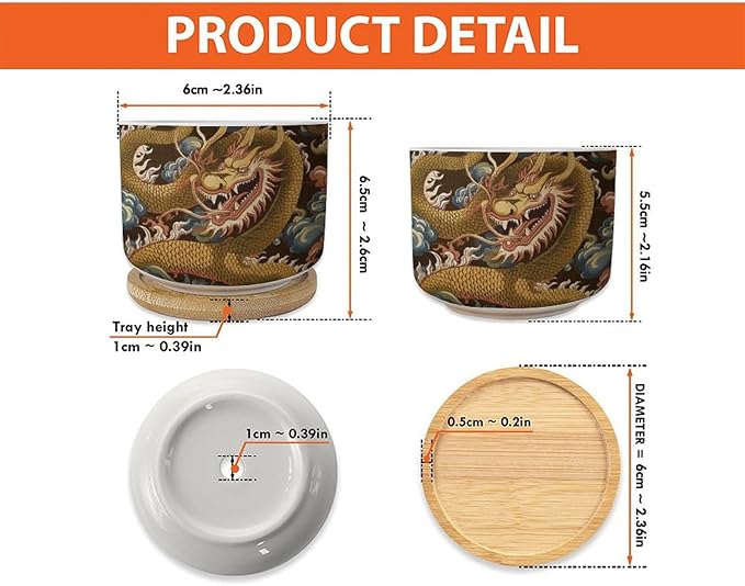 5 Piece Ceramics Plant Pot Antique Chinoiserie Dragon Small Pot for Flowers Dragon Gold Oriental Style Asian Flower Pot for Indoor Chinoiserie Plant Pot with Drainage Bamboo Trays