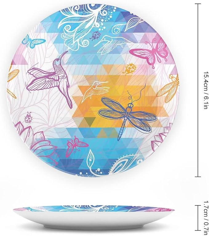 XISUNYA 10 Inch Decorative Plate, Dragonfly Porcelain Plate, Beetle Dragonfly and Bird Shapes Over Geometrical Graphic Print Ceramic Wall Hanging for Home Office Party Dinner Table Decor