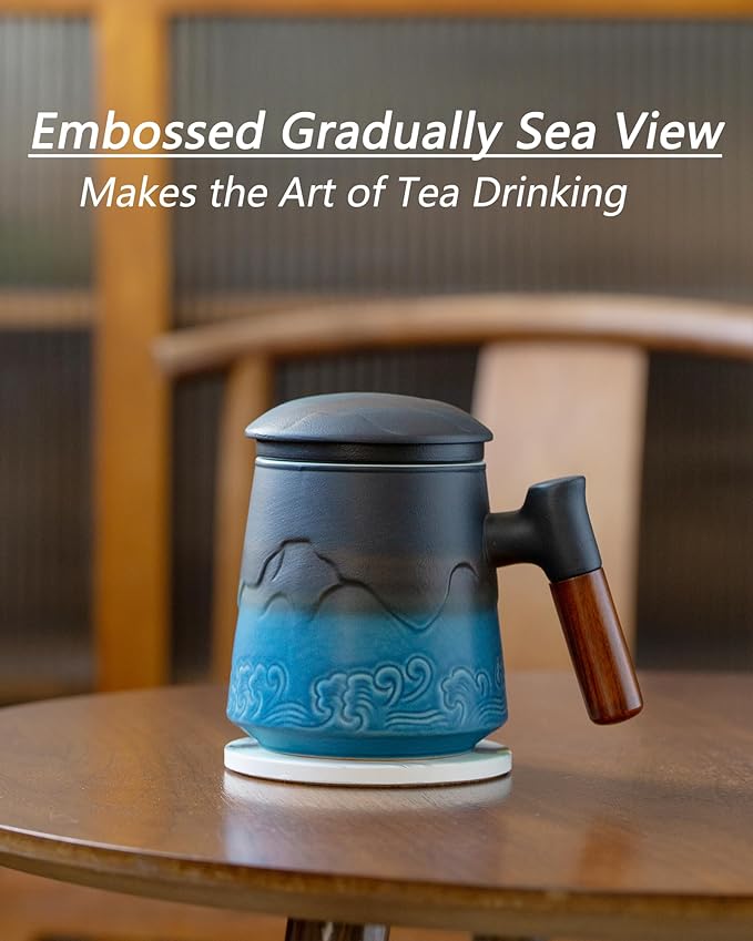 ZENS Tea Cup with Infuser and Lid for Loose Leaf Tea Steeper, 15.2 oz Ceramic Tea Mug with Fine Tea Strainers and Absorb Coaster, Wood Handle Large Diffusers Mugs Tea Lovers Gifts