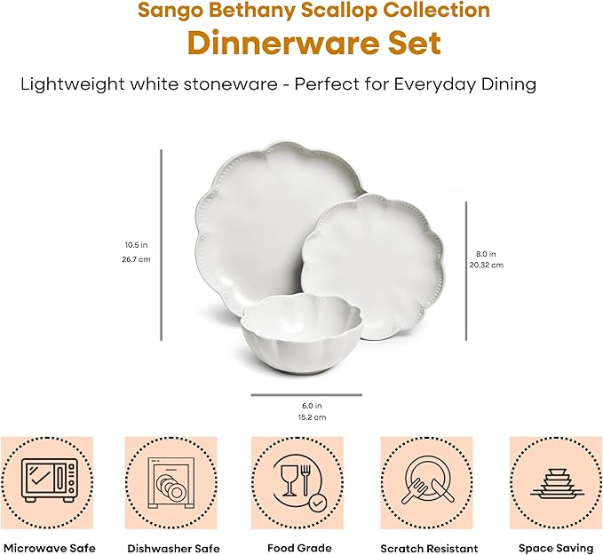 Sango Bethany 12 Pieces Scalloped White Plates & Bowls Set