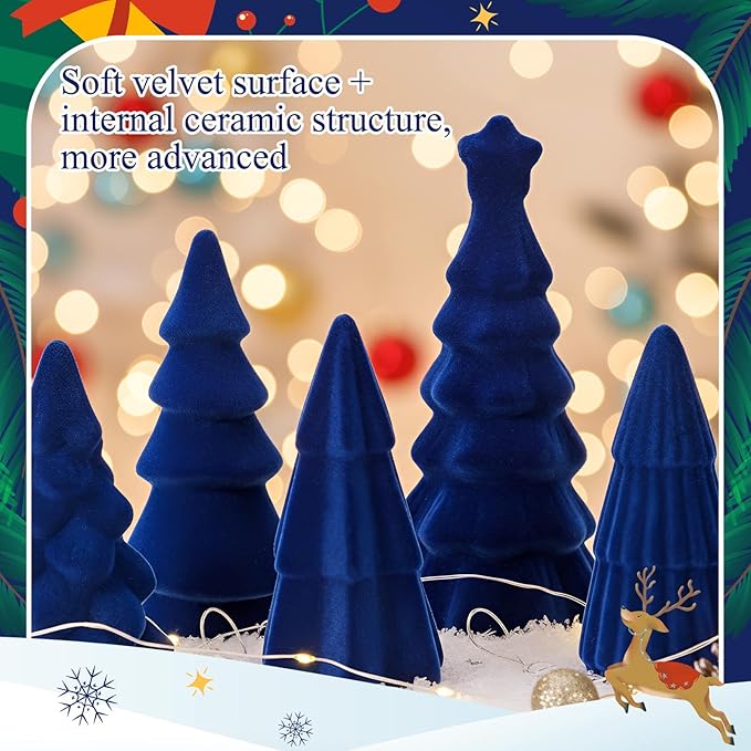 Bucherry 6 Pcs Christmas Ceramics Velvet Trees Set Christmas Table Decorations 3 Sizes Velvet Xmas Tree for Winter Holiday Table Centerpiece Decorations Mantel Decor Xmas Gifts(Blue)