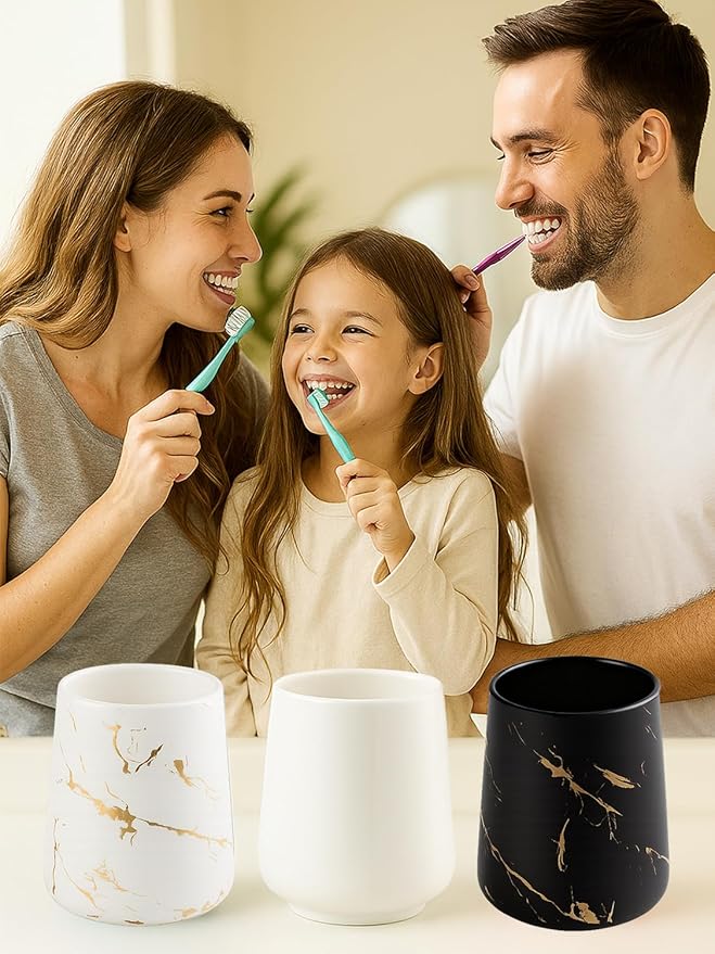 Marble Ceramic Toothbrush Holder Cup – 14.2oz Bathroom Tumbler for Toothbrushes, Makeup Brushes, or Rinsing, White with Gold Veins