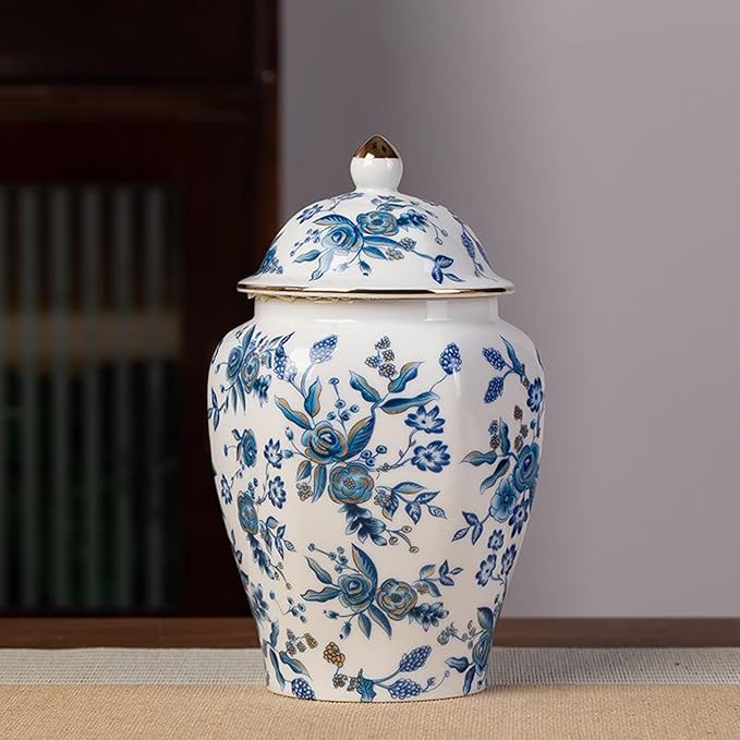 fanquare Porcelain Tea Canister for Loose Tea Vintage Chinese Blue Hexagonal Orchid Style Airtight Tea Storage Caddy Large Sugar Jar Table Vase for Kitchen Décor