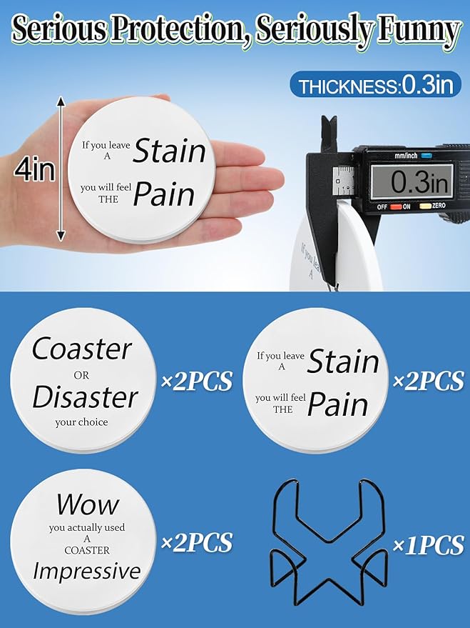 Heat Resistant Coasters House Warming Gifts - Set of 6 Non Slip Ceramic Funny Coasters for Hot Drinks with Holder, New Home Housewarming Gift Ideas, 4in White