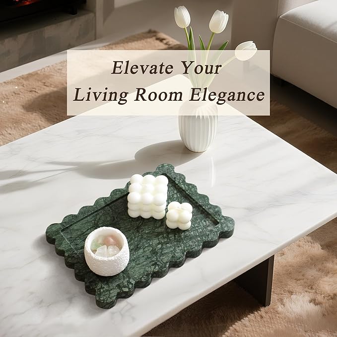 Real Natural Marble Tray, Luxury Scalloped Vanity Decorative Tray, Genuine Indian Green Stone Tray for Bathroom Dresser, Home Decor, Kitchen Storage, Non-Resin/Ceramic, 10.6" x 8", Green