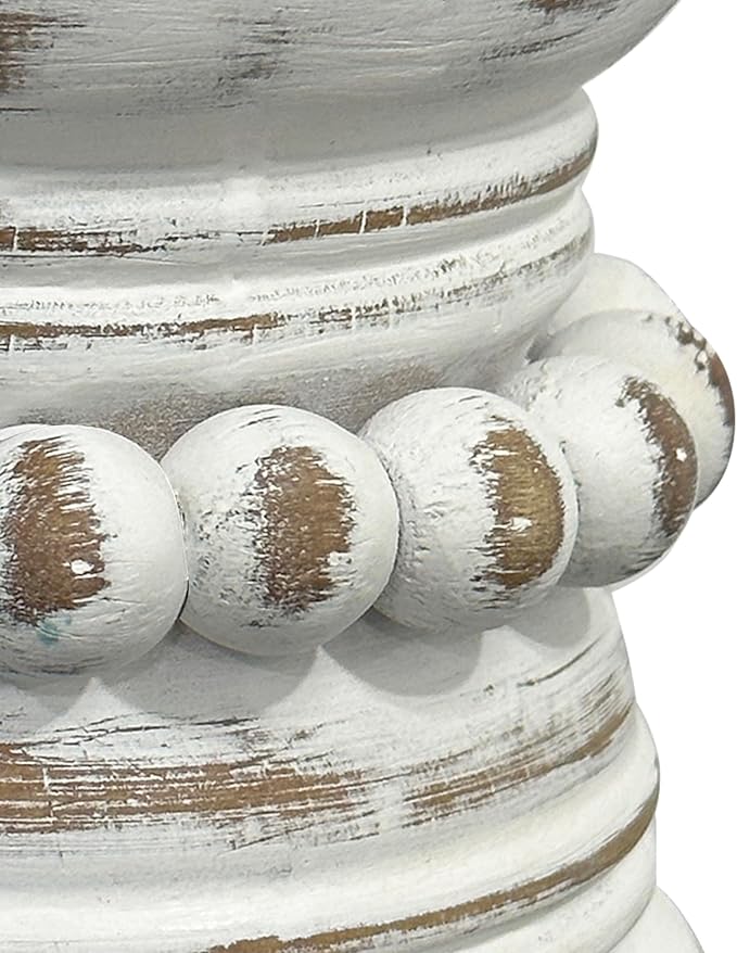Farmhouse Rustic Wood Pillar Candle Holder, Decorative Beaded Candlestick Holder Stand for Home Décor, Gifts, Wedding (White Wash)