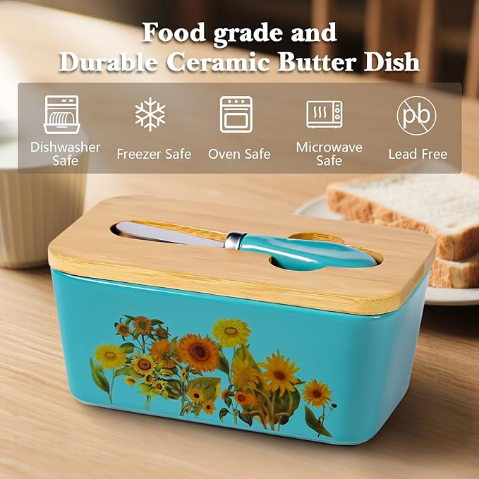Sunflower Butter Dish with Lid,Large Butter Crock Keeper Saver,Ceramic Butter Container for Countertop with Highly Sealed Silicone Thick Wooden Lid for Kitchen Farmhouse Decor (Thin Blue, Sunflower)