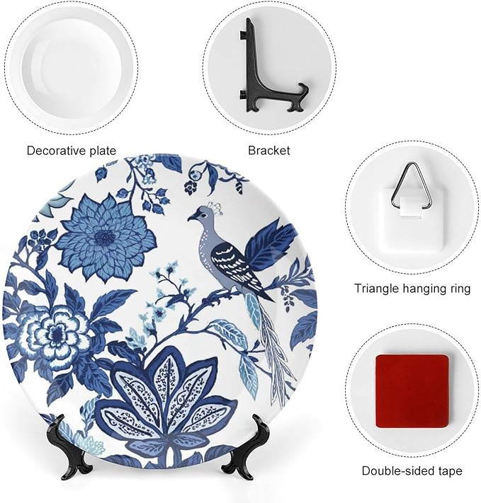 Vintage Plates Blue Indigo Floral Chinoiserie Custom Decor for Farmhouse Office Club Wall Wall Hanging Decorative Plate Including Bracket And Special Hook, Multi Sizes, Gifts for Men Women