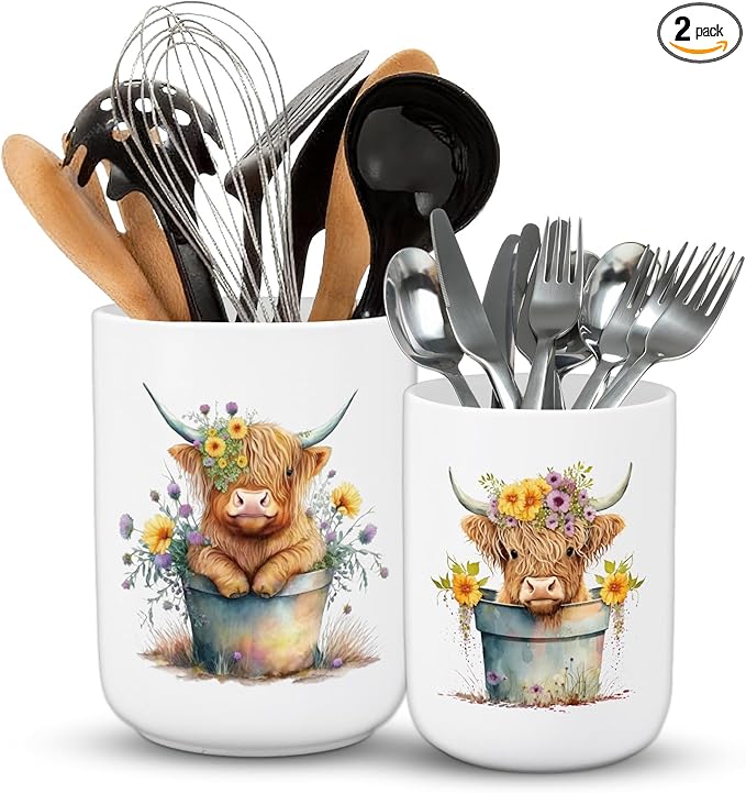 Highland Cow Ceramic Utensil Holder Watercolor Cow Floral Utensil Crock for Farmhouse Home Kitchen Countertop Storage Organizer, Set of 2