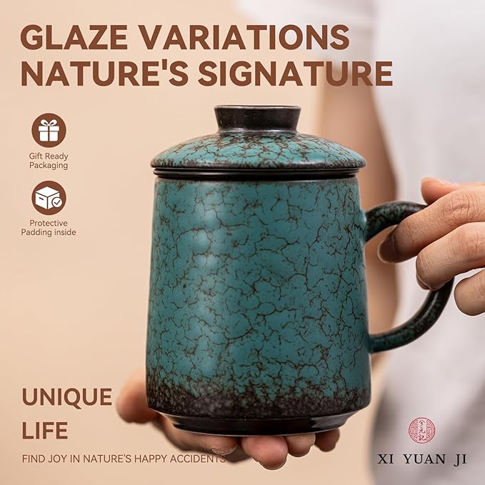 Ceramic Tea Mug with Infuser & Lid, 15oz Kiln-Transformed Unique Cup – Nature's Artisan Design, Loose Leaf Tea Cup with Infuser, Insulated Ceramic Coffee Mugs with Lid, Gift for Women/Men