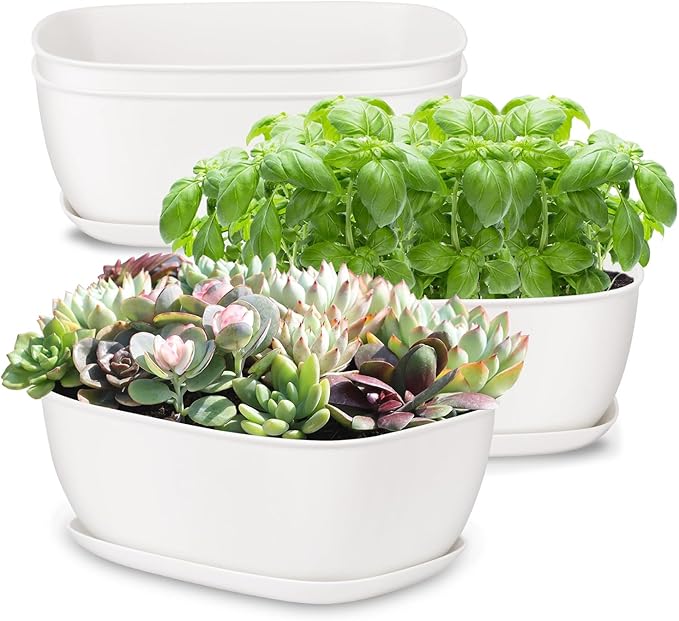 Set of 4 White Oval Shallow Herb Garden Planters with Drainage Holes and Trays (8.66 Inch) Plant Pots for Herbs Basil Orchids Succulents, Modern Herb Garden Planter for Indoor/Outdoor Plants