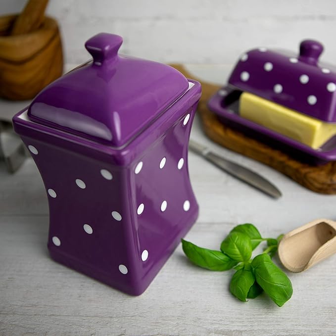 City to Cottage Handmade Purple and White Polka Dot Large Ceramic 31.5oz/900ml Kitchen Storage Jar with Lid | Pottery Canister, Cookie Jar, Housewarming Gift