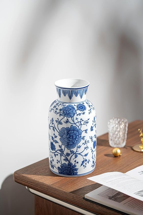 Modern Blue and White Porcelain Vase - Chinoiserie Ginger Jar for Home Decor, Floral Arrangement, 11-Inch Height Handcrafted Ceramic Vase