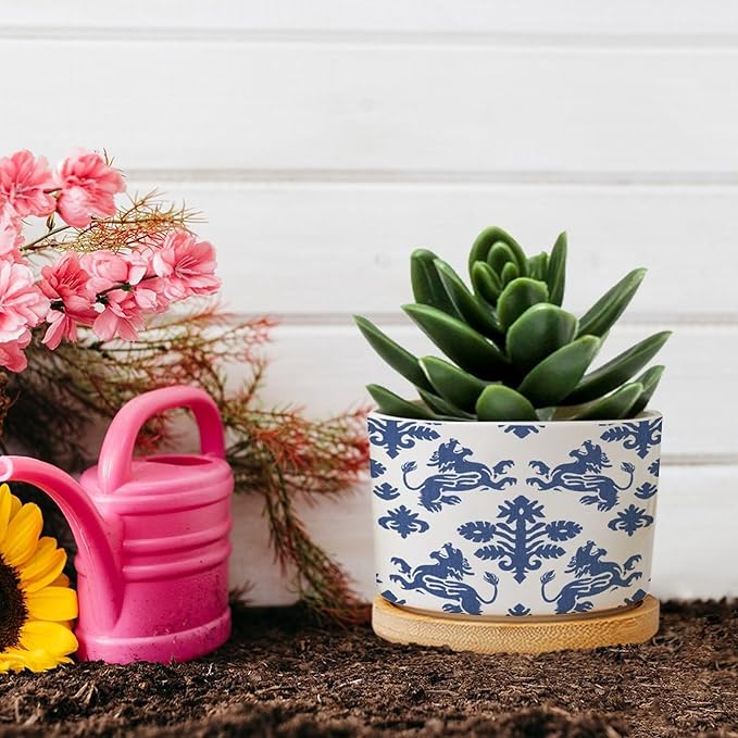DreamAutumn Navy Blue Regalia Ceramic Pots for Plants with Drainage Holes Round Flower Pot Bamboo Tray Orchid Pot Succulents Pots for Outdoor Indoor Plants,Housewarming Gifts