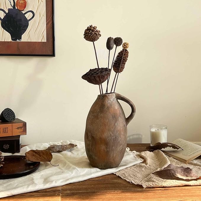 Rustic Ceramic Vase, Farmhouse Vases with Handle, Handmade Pottery Vase, Vintage Rustic Vase for Living Room, Kitchen, Home Decor, Thanksgiving, Centerpieces - 9.6 Inch