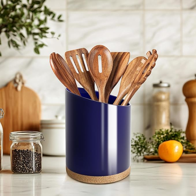 Large Ceramic Utensil Holder for Kitchen Counter, Modern Crock with Slanted Top & Cork Mat, for Spatulas & Cooking Spoons, Blue