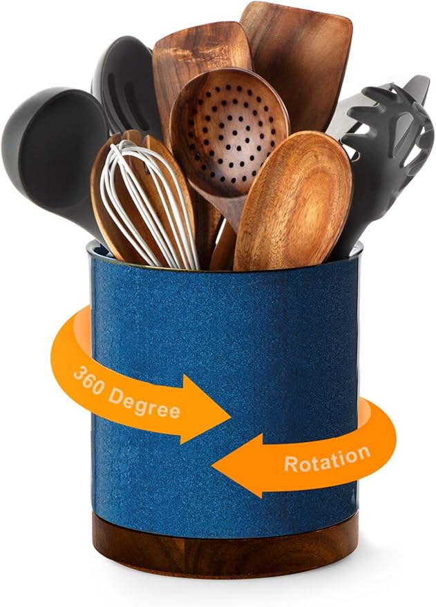 Nucookery 360°Rotating Utensil Holder, 7.2" Kitchen Utensil Crock, Ceramic Cooking Utensil Organizer with Countertop-Protection Cork Bottom for Farmhouse Kitchen Decor Christmas (Royal blue)