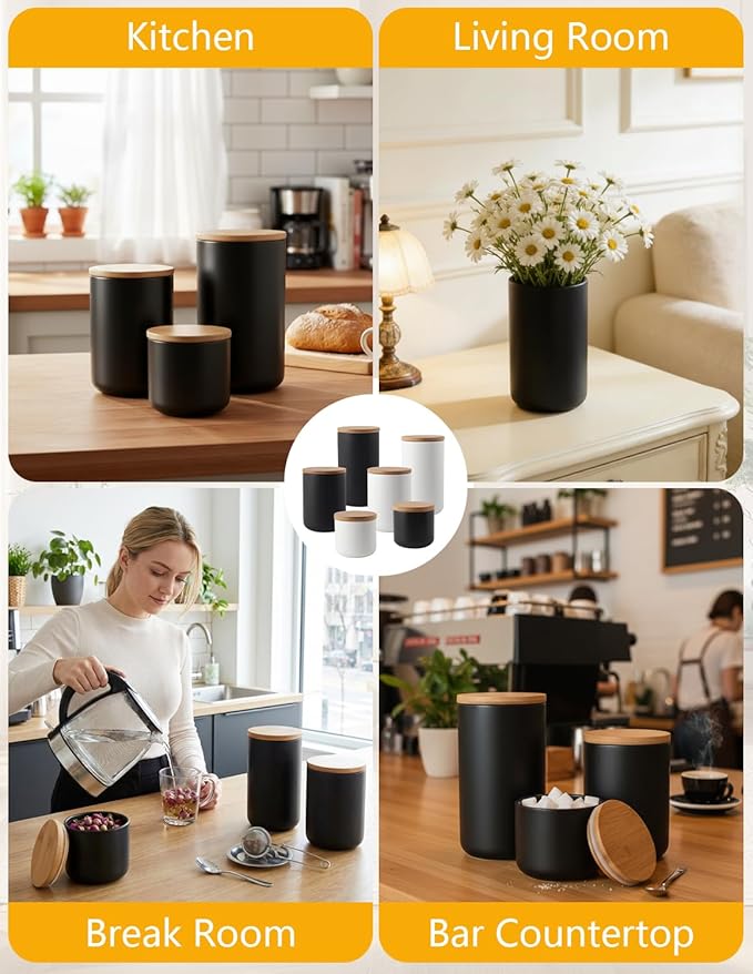 YYW Ceramic Food Storage Containers with Lids, Kitchen Canisters for Countertop, Black Food Containers Jar for Flour, Coffee Bean, Sugar, Tea, Spices and More, Home Decor (260ml/8.79oz)