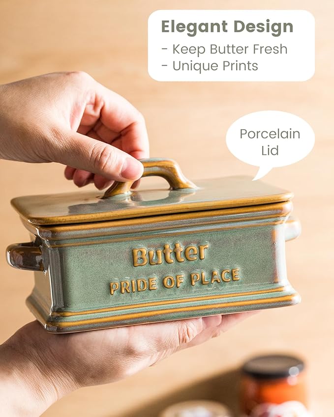 Butter Dish with Lid, Ceramic Butter Holder Container Large Butter Dish for Countertop Farmhouse Decor for Mother's Day, Butter Keeper for East West Coast Butter, Green