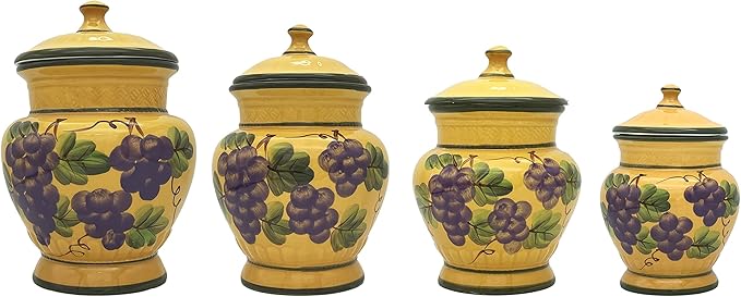 ACK Tuscany Grape Hand Painted Ceramic 4PCs Canister Set with Lid, Kitchen Storage Jar, Food Storage Container, Airtight Storage Container With Rubber Seal
