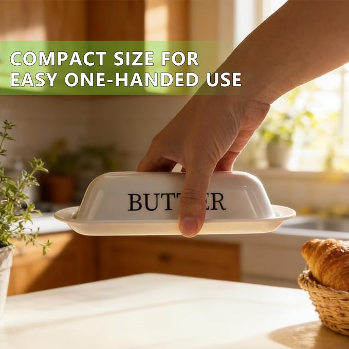 BPA-Free Melamine Butter Dish with Lid & Stainless Steel Knife - Farmhouse Butter Keeper for Countertop & Refrigerator, Dishwasher Safe, Holds 1 Stick with East & West Coast Butter-White