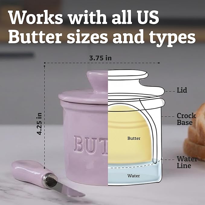 PriorityChef Butter Crock with Lid with Water Line, Ceramic French Butter Dish to Leave On Counter, Lilac