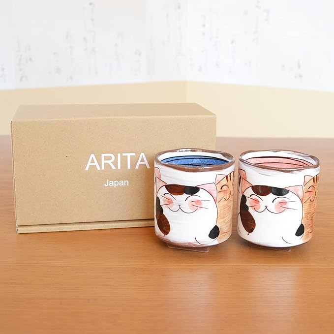 有田焼やきもの市場 Japanese Yunomi Tea Cup for Green Tea set of 2 Arita Imari ware Made in Japan Nakayoshi Neko Three Cats
