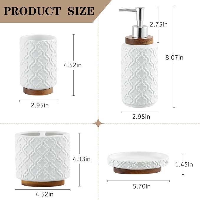 Elegant 4 PCS Ceramic&Wood Bathroom Accessories Set:Soap Dispenser,Toothbrush Holder,Tumbler,Soap Dish,Easy to Clean,Quatrefoil Pattern,White-Affordable Luxury for Home Decor Enthusiasts