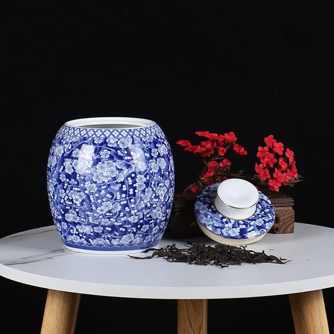 Traditional Chinoiserie Round Ginger Jars Blue and White Porcelain Series Ceramic Storage Jars with Sealed Lids,for Home/Kitchen/Dining Table Decoration (Melon Jar)
